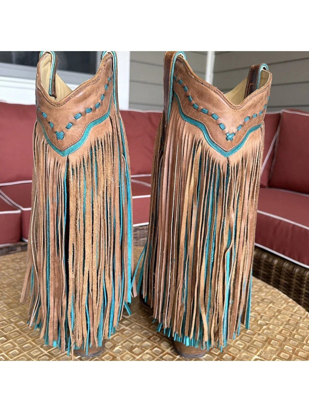 Corral Vintage Fringe Leather Tan & Turquoise Women’s Size 10M Cowboy Boots